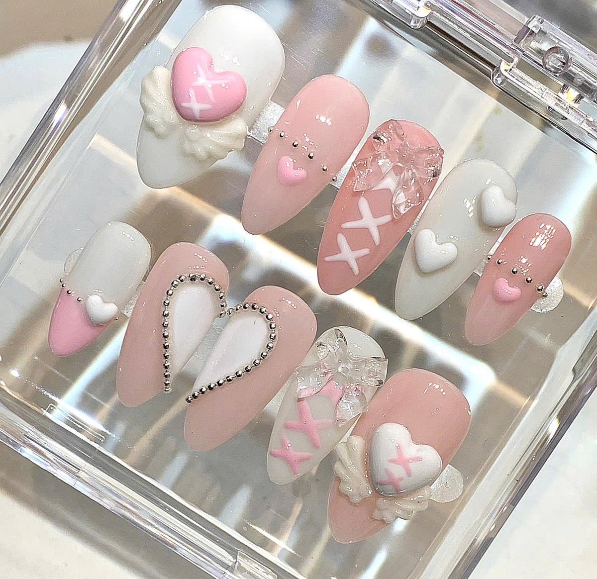 Angel Heart Press On Nails | Pink White Coquette Nails | 3D Bow Valentine Nail Set