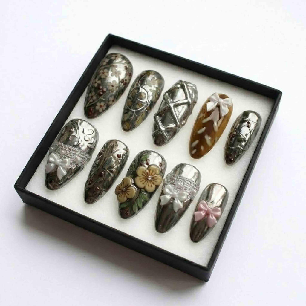 Vintage Silver Chrome Floral Press On Nails, Luxury Handmade 3D Bows Pearls & Lace, Coquette Cyber Fairy Grunge Nails Set