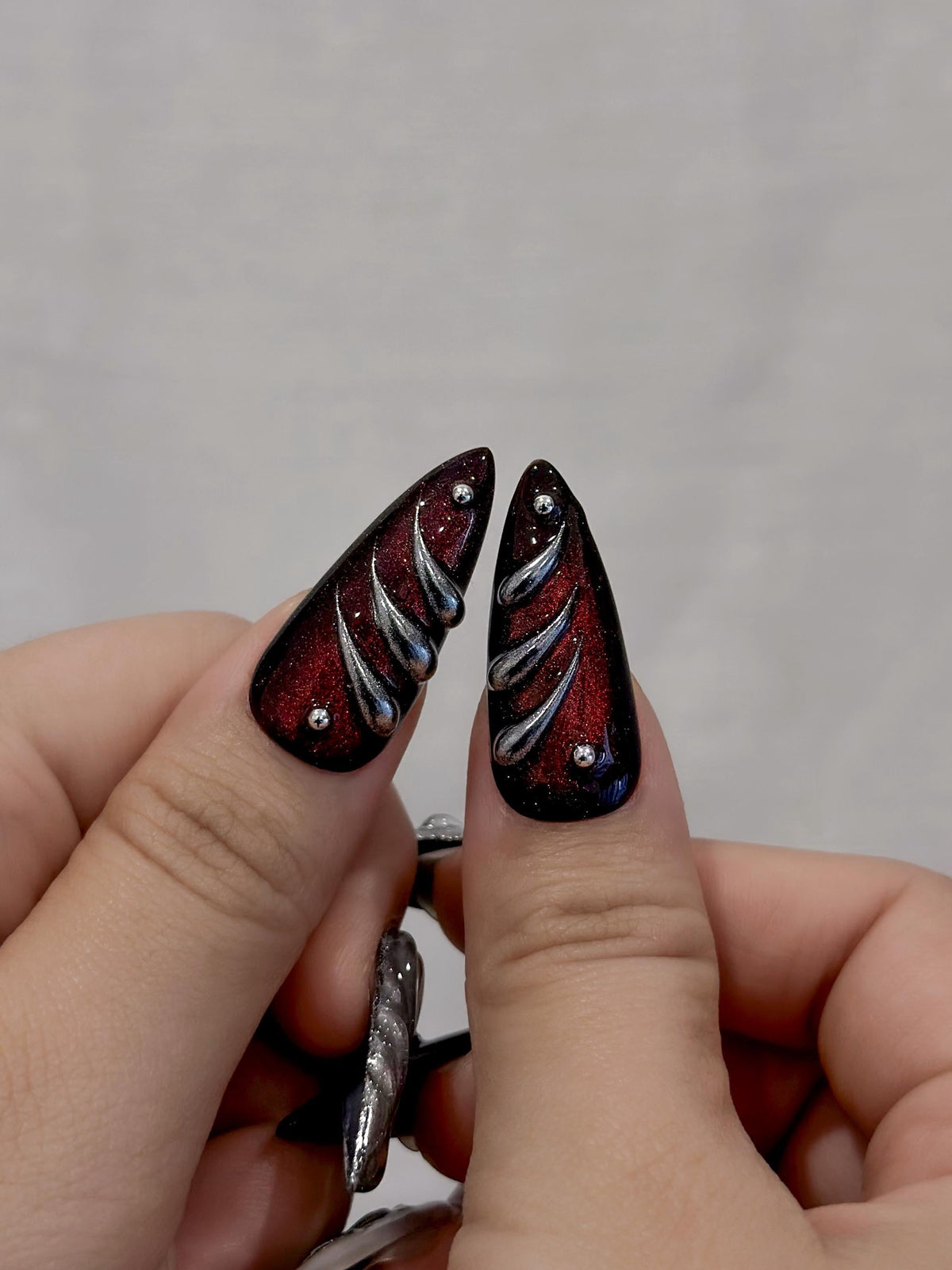 Crimson Gothic Armor Press On Nails for Luxury Girls | Handmade Red Chrome & Silver Sculpted Nails | Gothic Stiletto Nail Art | JB289EC