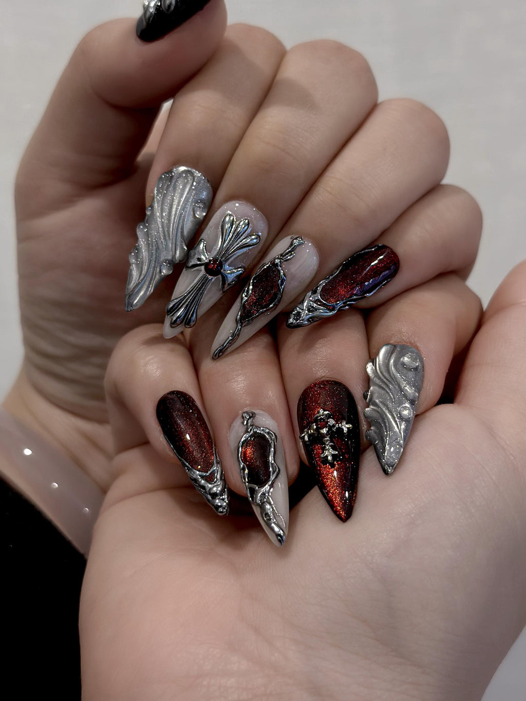 Crimson Gothic Armor Press On Nails for Luxury Girls | Handmade Red Chrome & Silver Sculpted Nails | Gothic Stiletto Nail Art | JB289EC