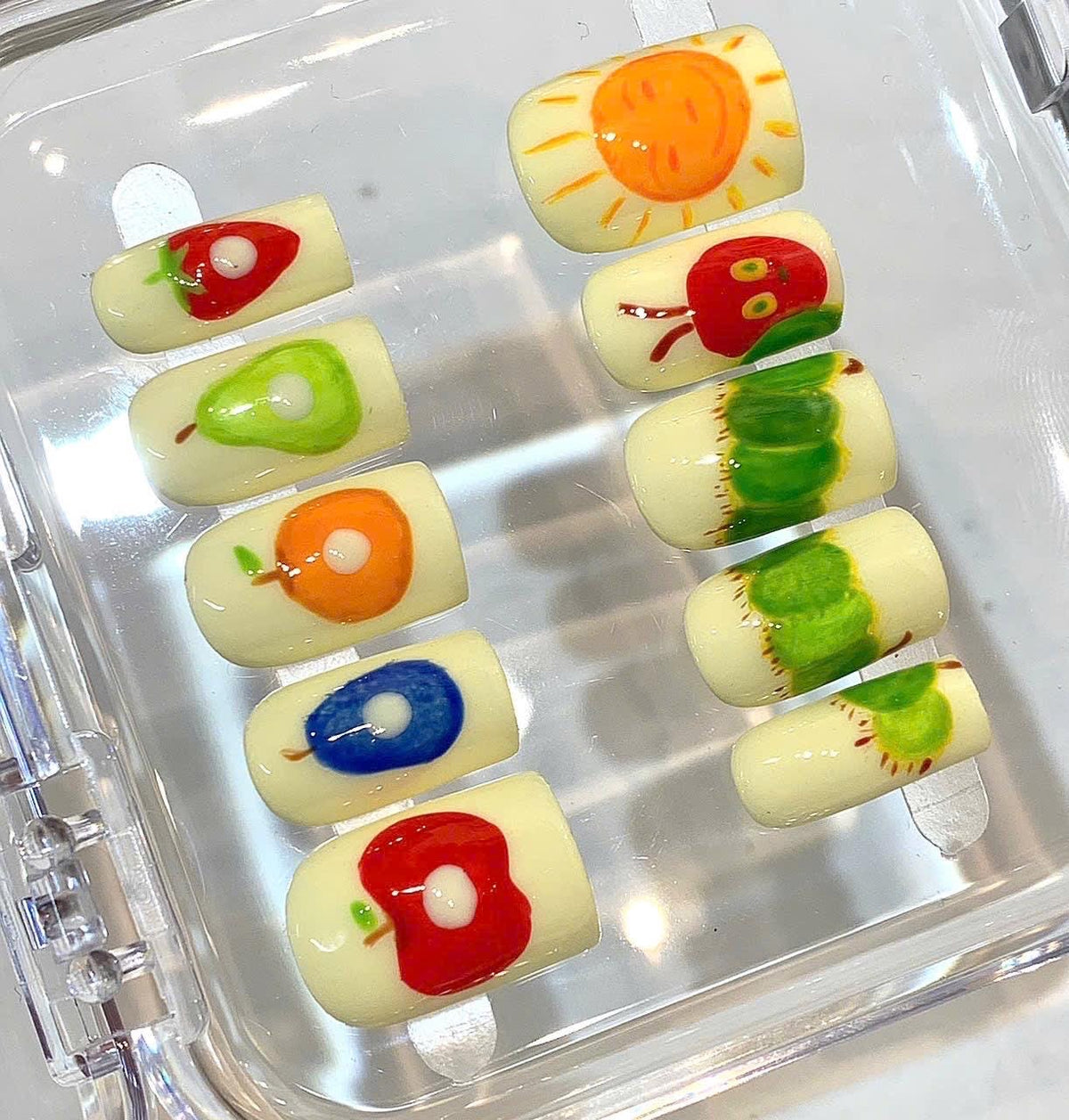 Fruit Press On Nails | Caterpillar Nail Art | Kawaii Yellow Nails Handmade