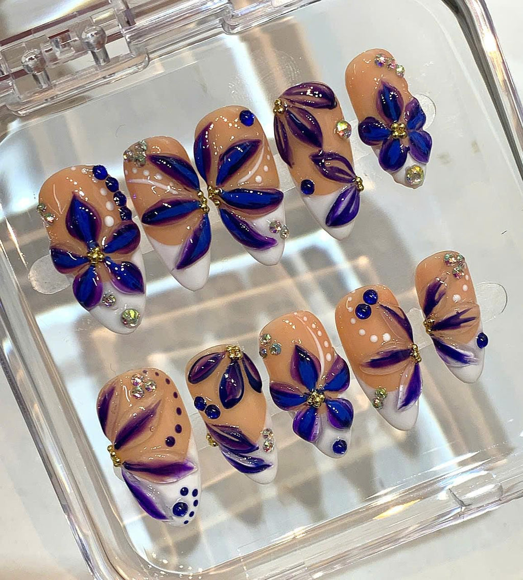 3D Blue Floral Press On Nails: Rhinestone French Tip Nail Art