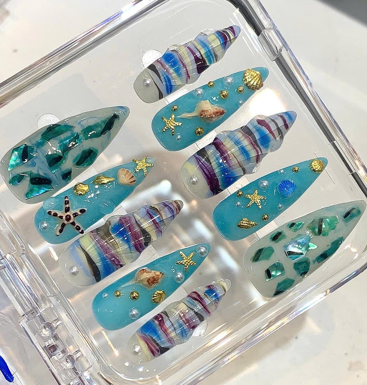 3D Seashell Press On Nails | Blue Mermaid Summer False Nail Set
