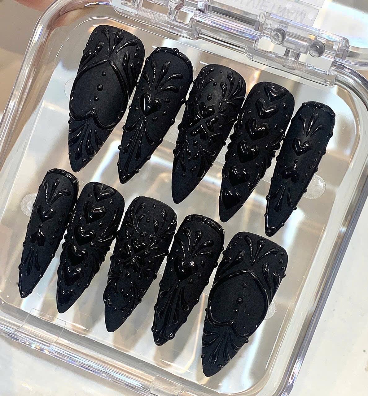 Black Gothic Press On Nails | 3D Heart, Baroque Stiletto