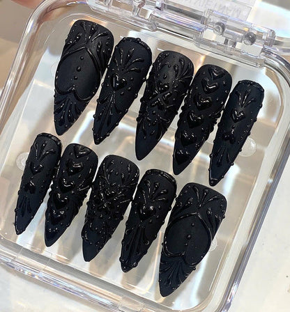 Black Gothic Press On Nails | 3D Heart, Baroque Stiletto
