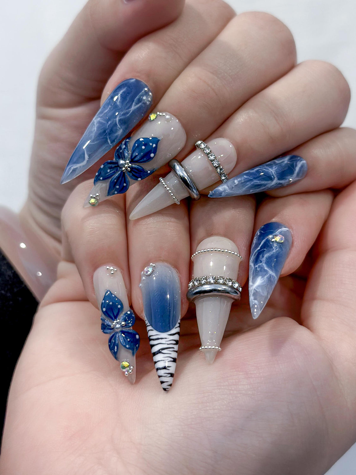 Soft Blue Floral Press On Nails | Nude Marble Stiletto Nails | Elegant Handmade Spring Nail Set |JB2890EC
