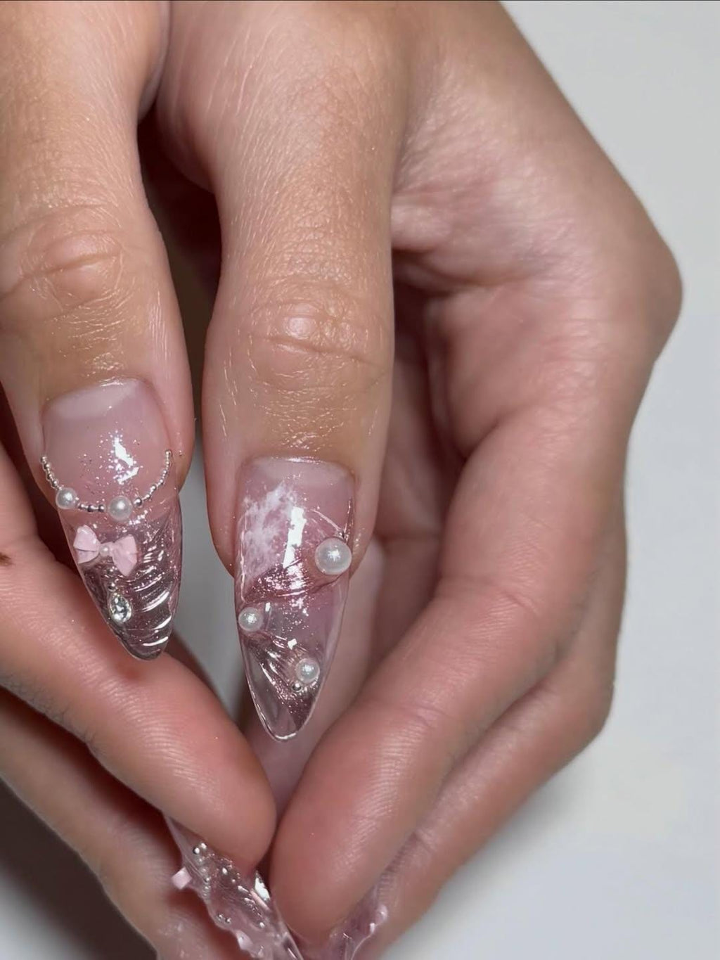 Pink Ballerina Press On Nails for Girls | Soft Blush Ombre Nails with Pearls & Ribbons | Coquette Ballet Inspired | Stiletto Nails | JB291HC