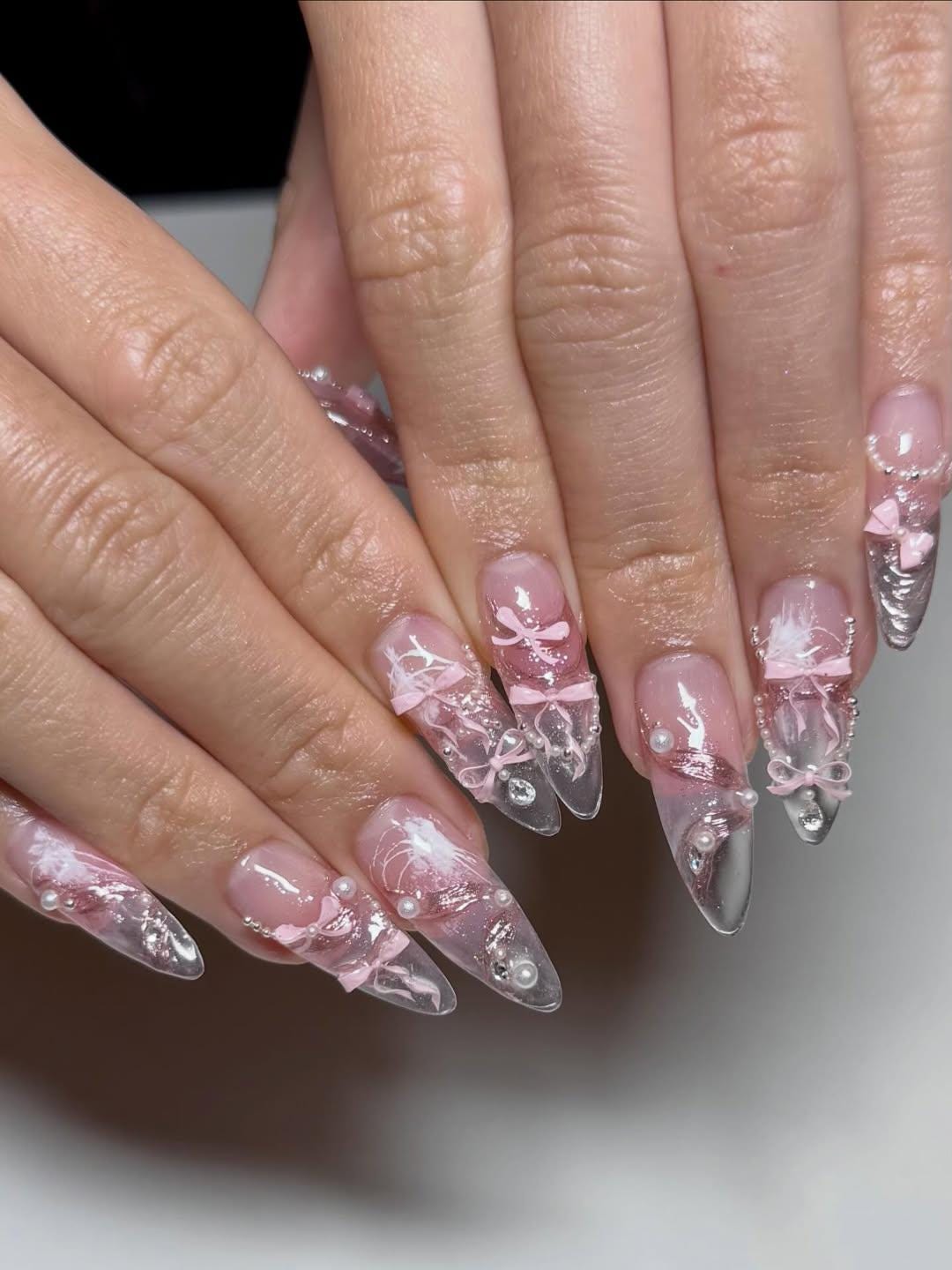 Pink Ballerina Press On Nails for Girls | Soft Blush Ombre Nails with Pearls & Ribbons | Coquette Ballet Inspired | Stiletto Nails | JB291HC