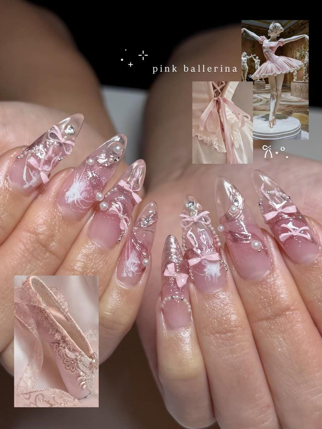 Pink Ballerina Press On Nails for Girls | Soft Blush Ombre Nails with Pearls & Ribbons | Coquette Ballet Inspired | Stiletto Nails | JB291HC