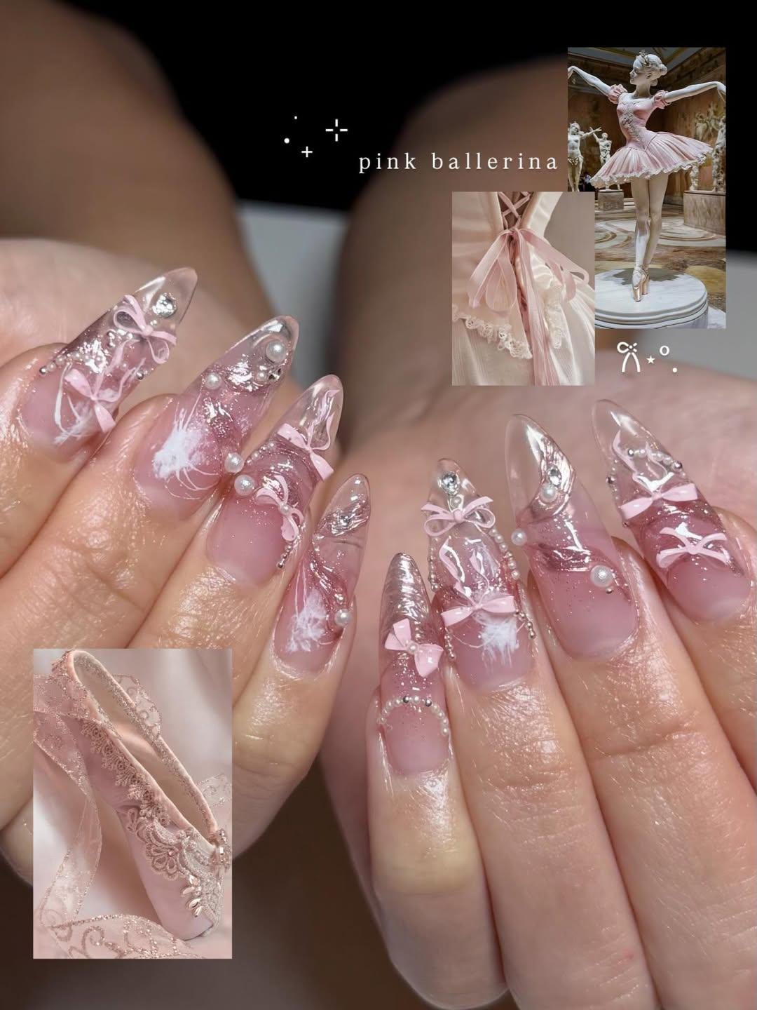 Pink Ballerina Press On Nails for Girls | Soft Blush Ombre Nails with Pearls & Ribbons | Coquette Ballet Inspired | Stiletto Nails | JB291HC