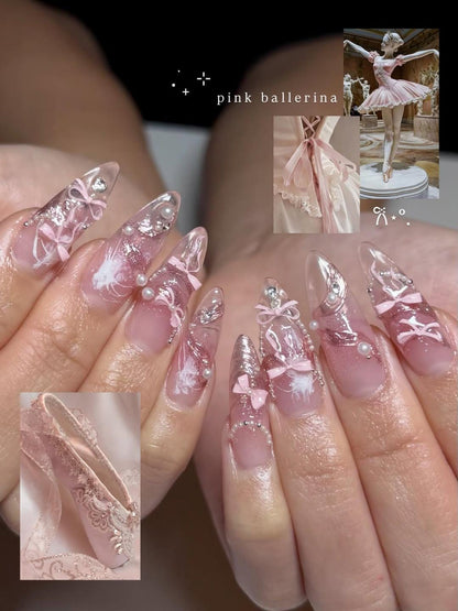 Pink Ballerina Press On Nails for Girls | Soft Blush Ombre Nails with Pearls & Ribbons | Coquette Ballet Inspired | Stiletto Nails | JB291HC