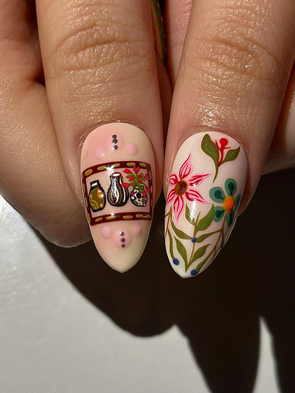 Hand Painted Vintage Floral Fake Nails | European Folk Art Nail Design | Soft Pastel Art Nails | Storybook Style Press Ons| JB304H
