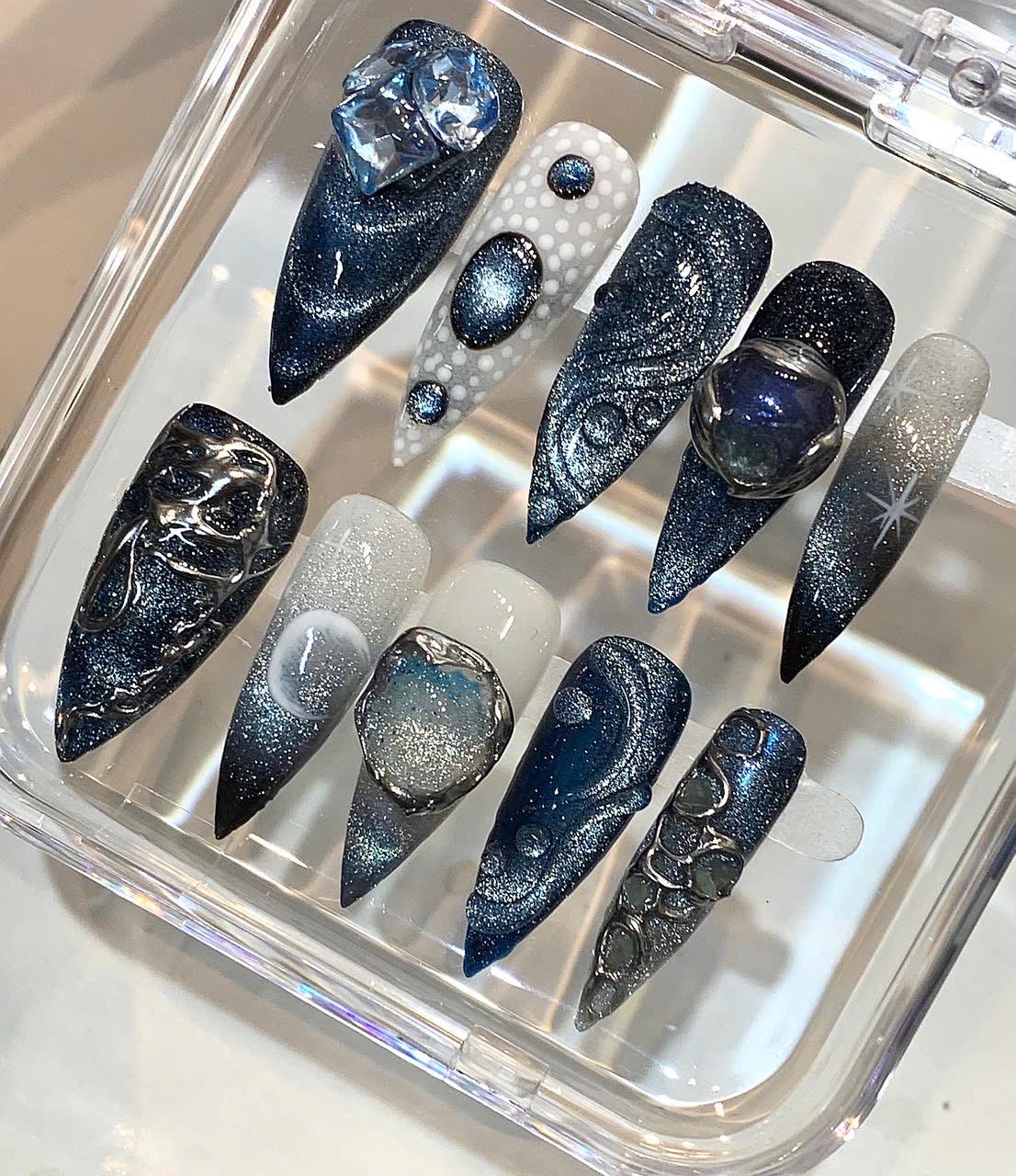 Galaxy Press On Nails | 3D Crystal Stiletto False Nail Set
