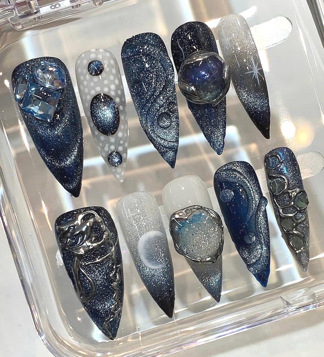Galaxy Press On Nails | 3D Crystal Stiletto False Nail Set