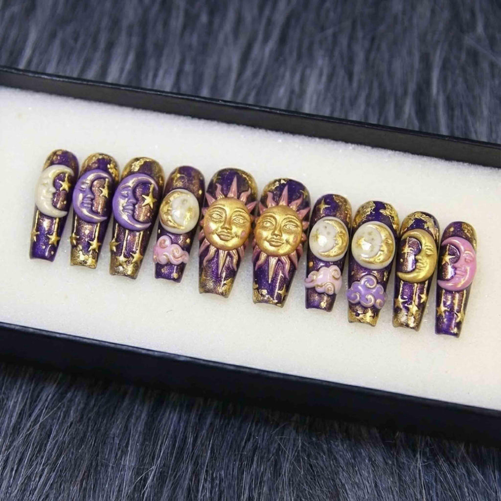Celestial Sun Moon Purple Gold Press On Nails, Luxury 3D Chrome Charm Art, Mystic Witchy Galaxy Nails Set