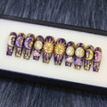 Celestial Sun Moon Purple Gold Press On Nails, Luxury 3D Chrome Charm Art, Mystic Witchy Galaxy Nails Set