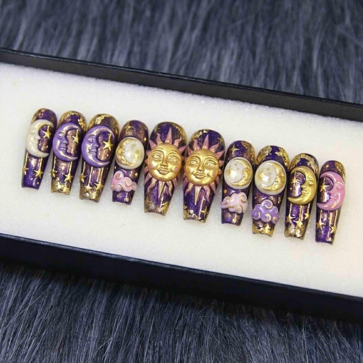 Celestial Sun Moon Purple Gold Press On Nails, Luxury 3D Chrome Charm Art, Mystic Witchy Galaxy Nails Set