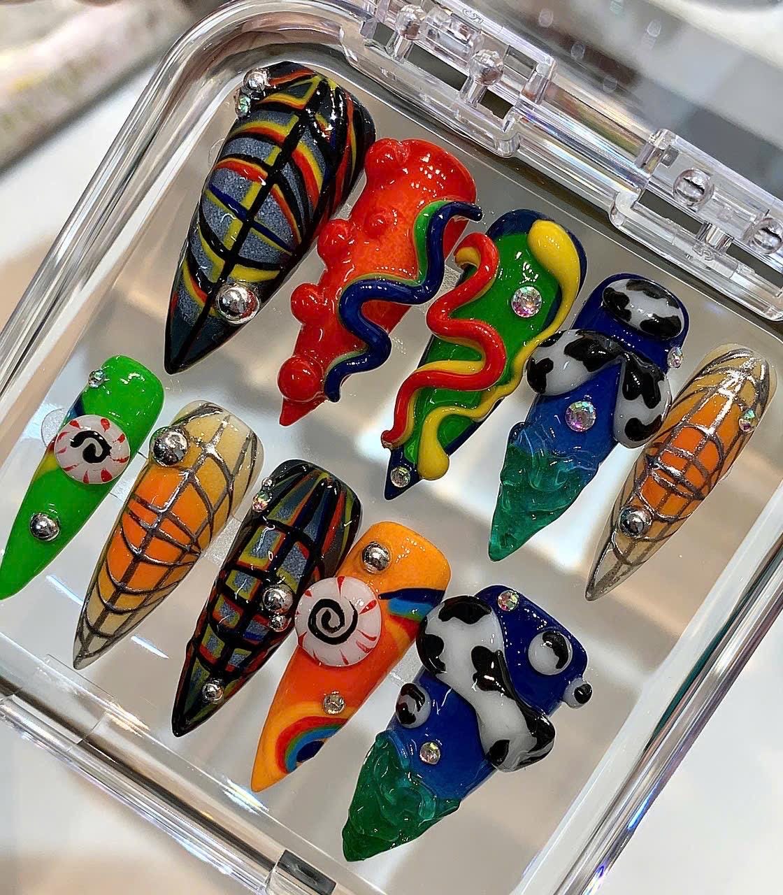 Colorful 3D Press On Nails | Abstract Funky Nail Art | Y2K Statement Nails Handmade