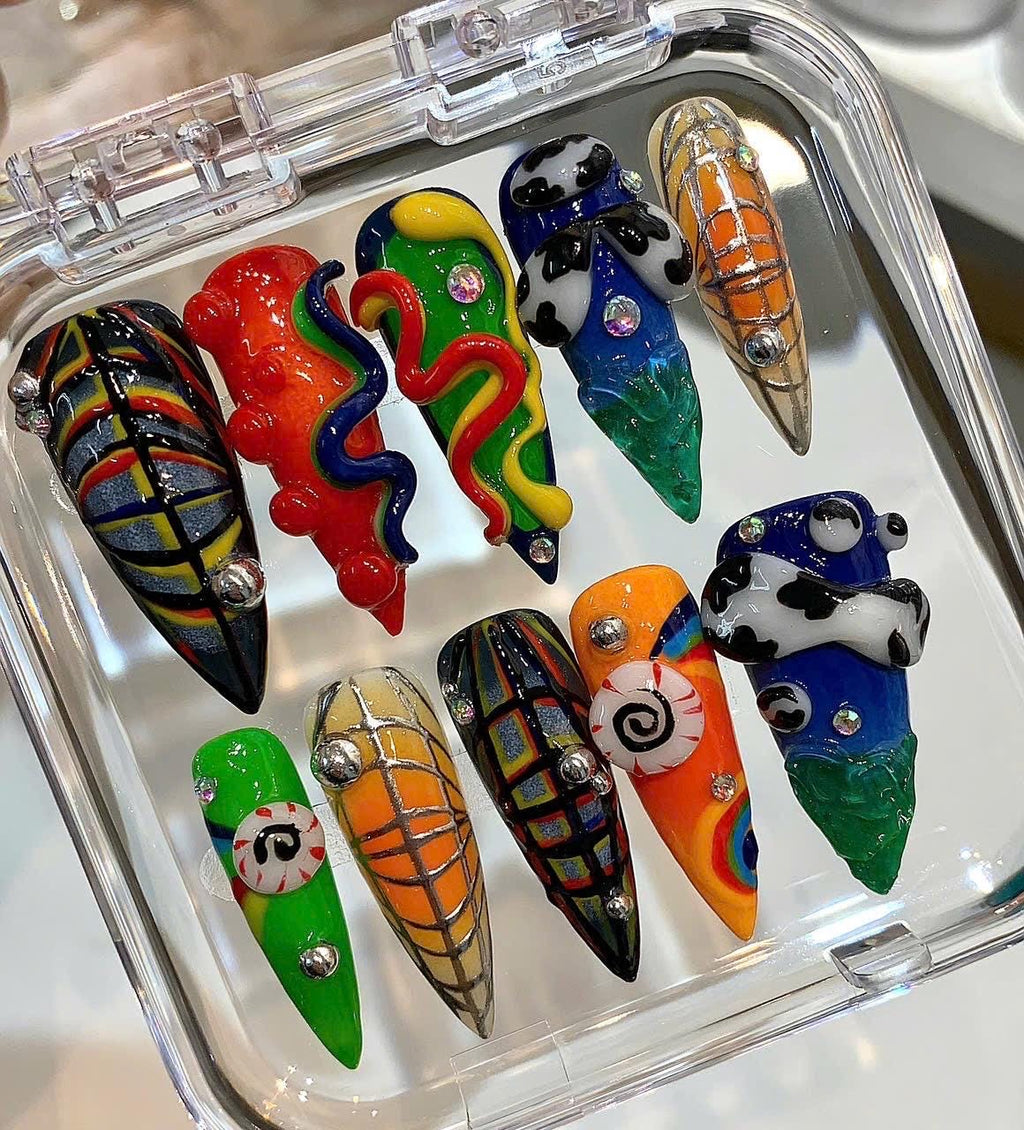 Colorful 3D Press On Nails | Abstract Funky Nail Art | Y2K Statement Nails Handmade