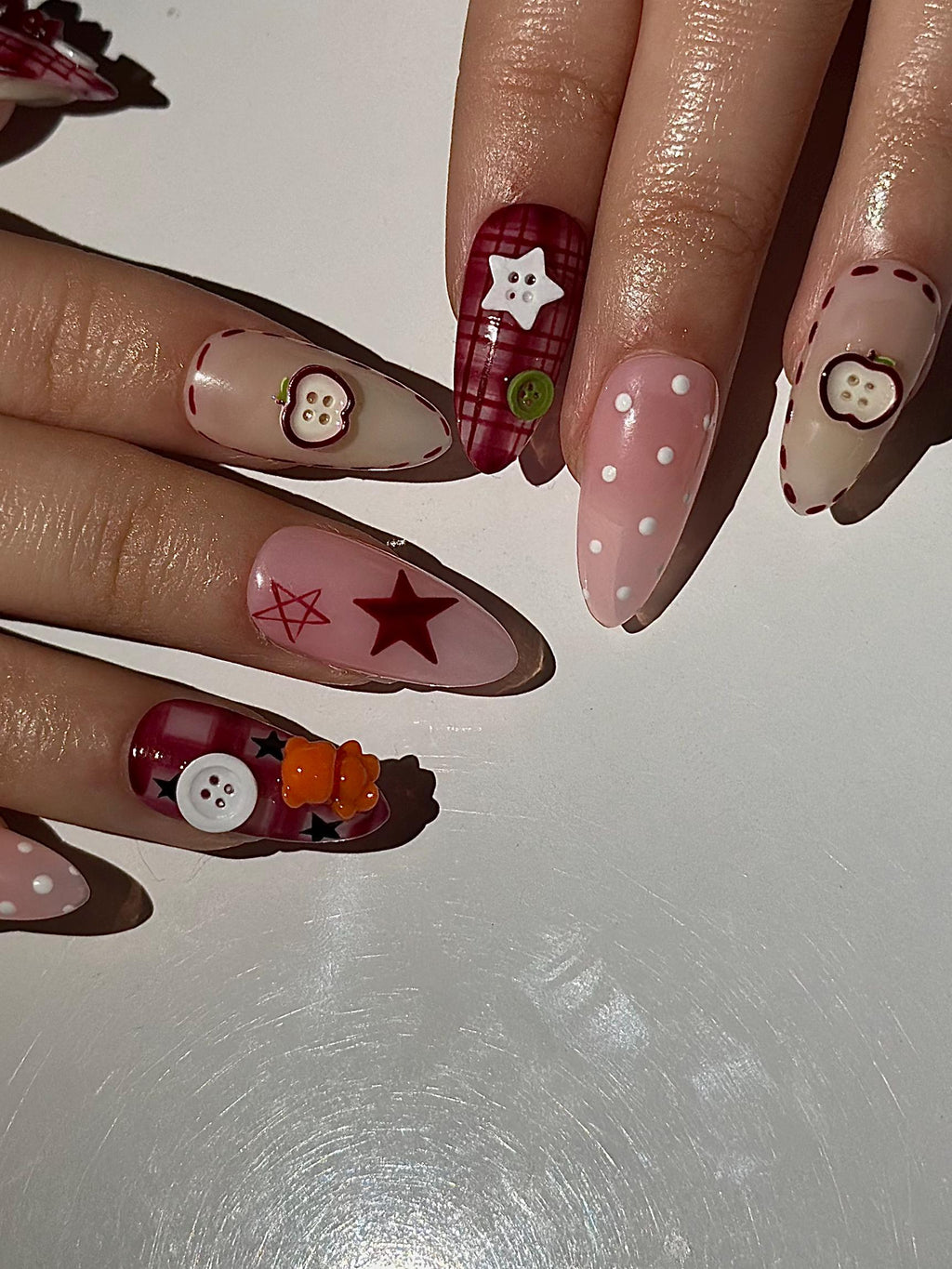 Kawaii Teddy Bear Press On Nails | Cute Teddy & Button Nail Art | Handmade Kawaii Nails | Pink Plaid Press Ons | Cute Core Nails | JB1022H