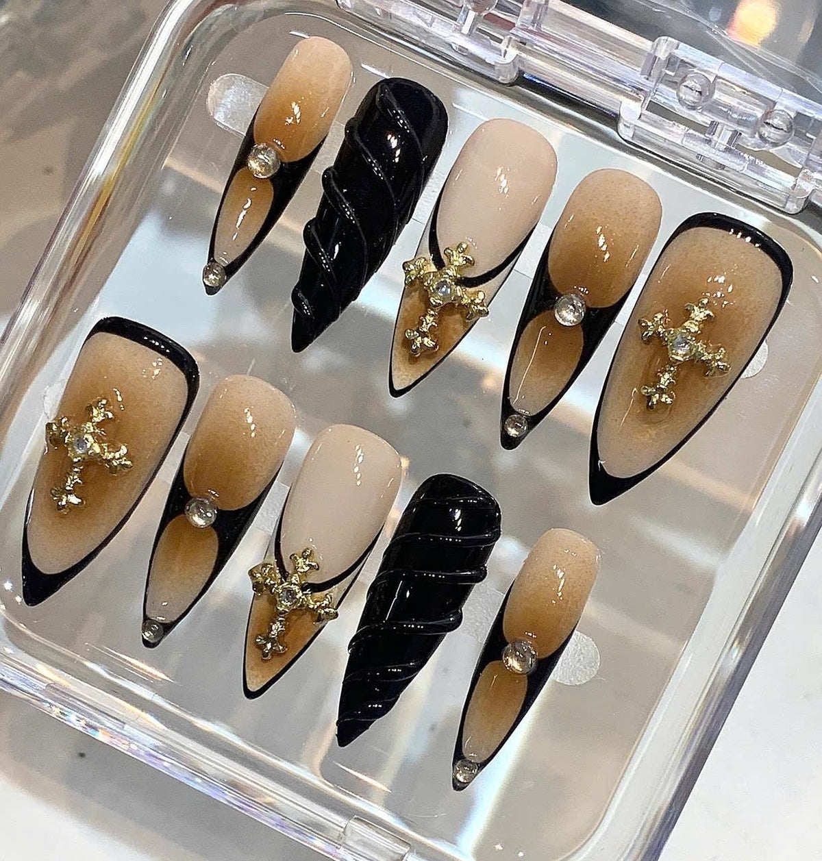 Gothic Cross Press On Nails | Nude Black Luxury Nails | 3D Gold Cross Stiletto Nails | Dark Elegant False Nails