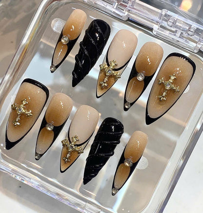 Gothic Cross Press On Nails | Nude Black Luxury Nails | 3D Gold Cross Stiletto Nails | Dark Elegant False Nails