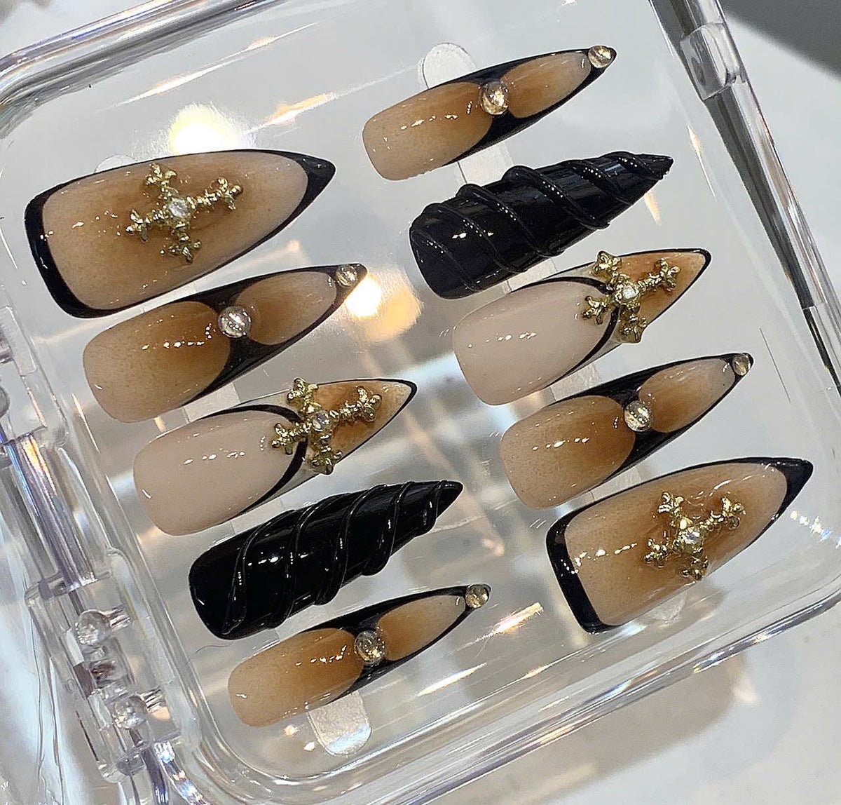 Gothic Cross Press On Nails | Nude Black Luxury Nails | 3D Gold Cross Stiletto Nails | Dark Elegant False Nails