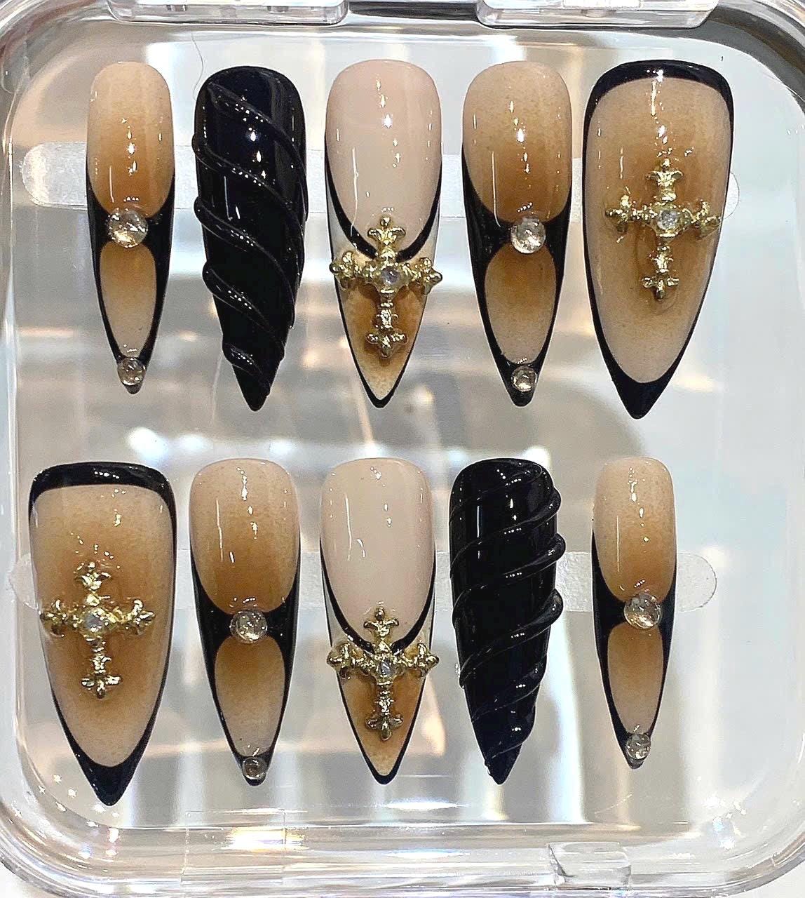 Gothic Cross Press On Nails | Nude Black Luxury Nails | 3D Gold Cross Stiletto Nails | Dark Elegant False Nails