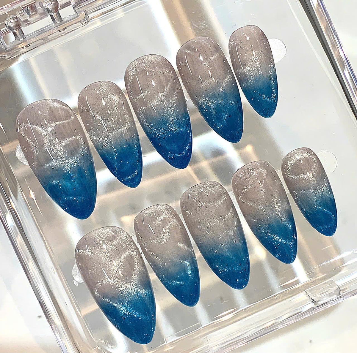 Ocean Wave Press On Nails | Blue Ombre Stiletto, Shimmer Effect
