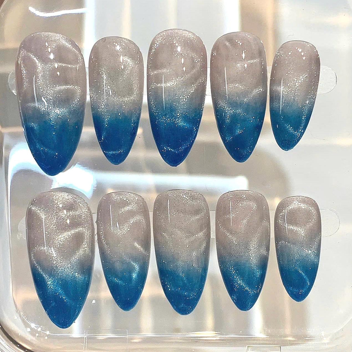Ocean Wave Press On Nails | Blue Ombre Stiletto, Shimmer Effect