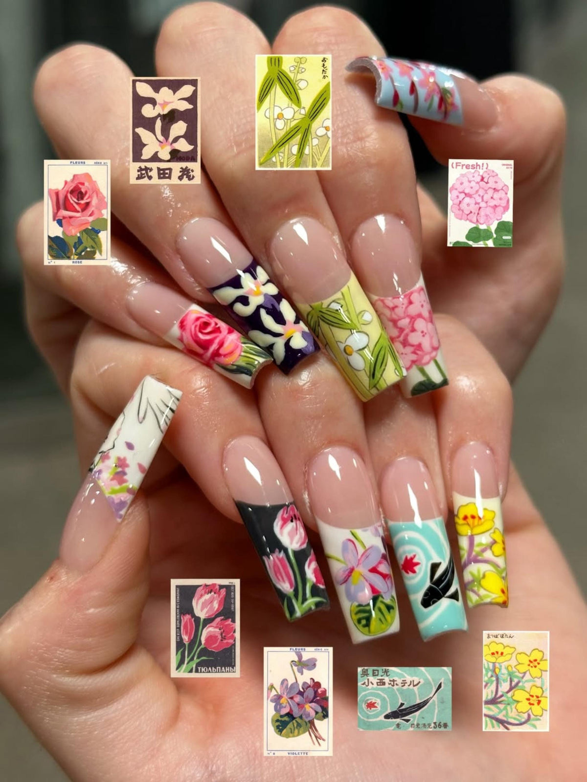 Handmade Vintage Botanical Press On Nails, Japanese Floral Garden Fake Nails, Unique Retro Flower Pattern Nails for Special Events | JB305HK