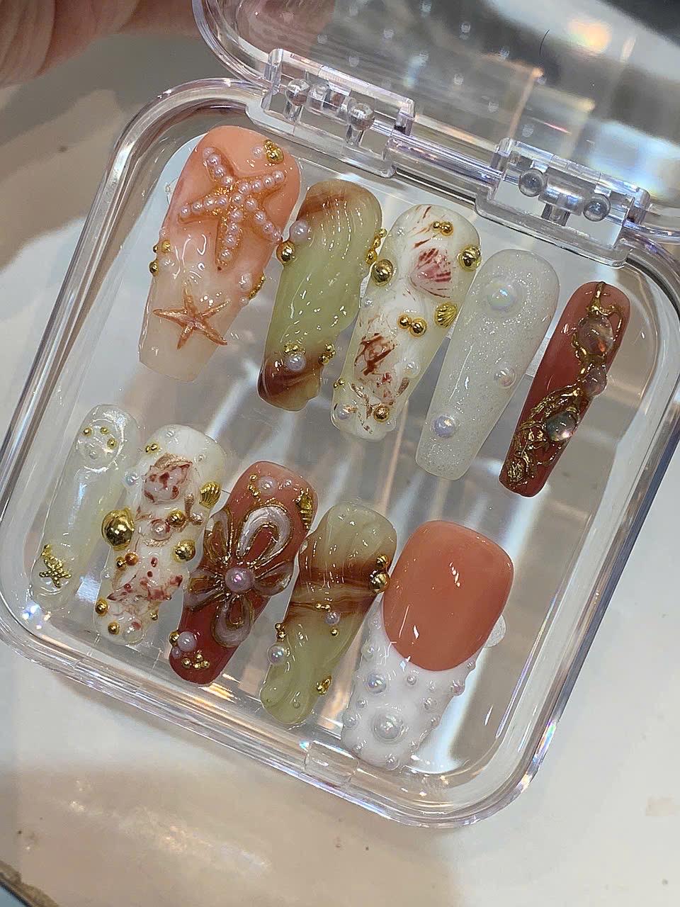 Mermaid Press On Nails | 3D Pearl Seashell, Ocean Treasure