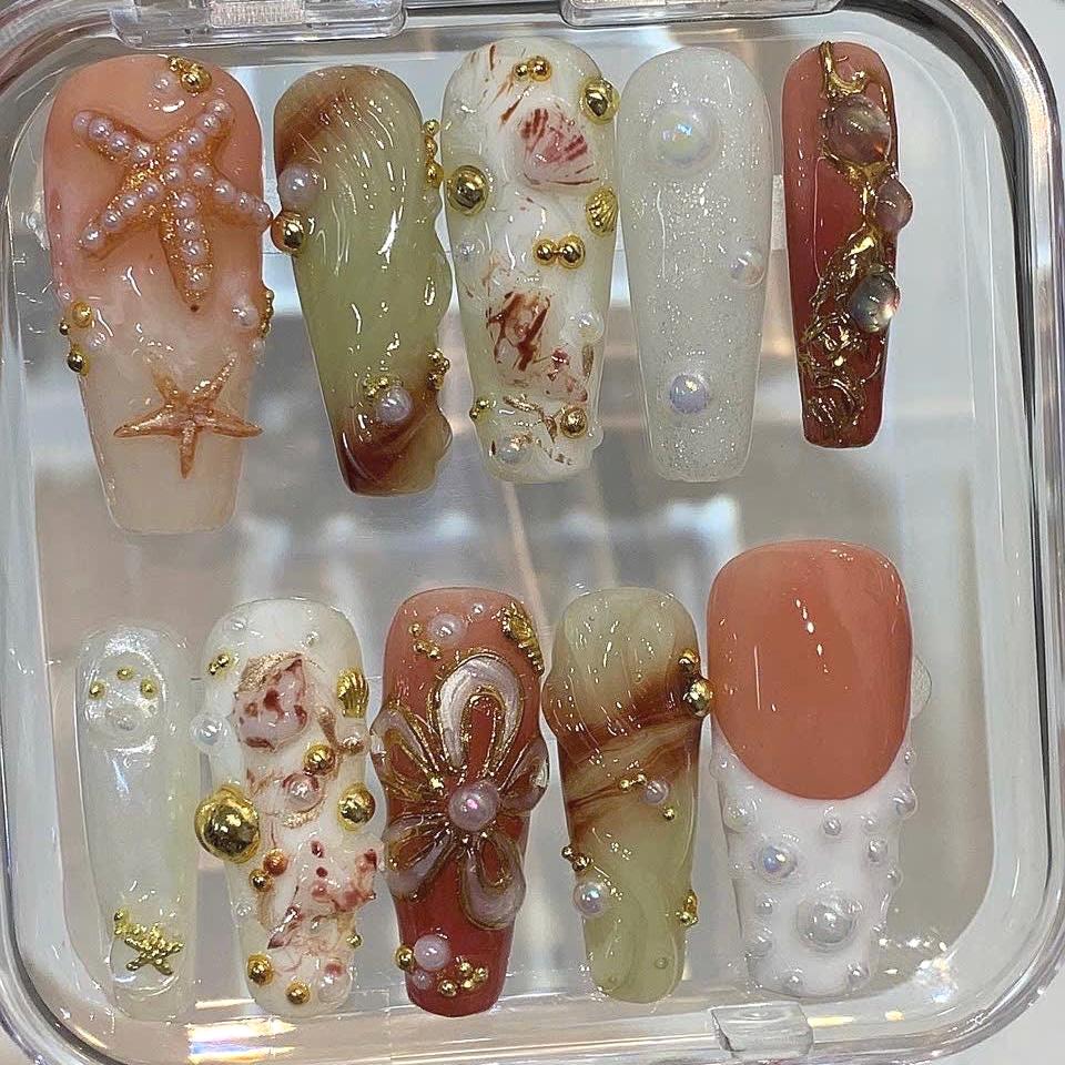 Mermaid Press On Nails | 3D Pearl Seashell, Ocean Treasure