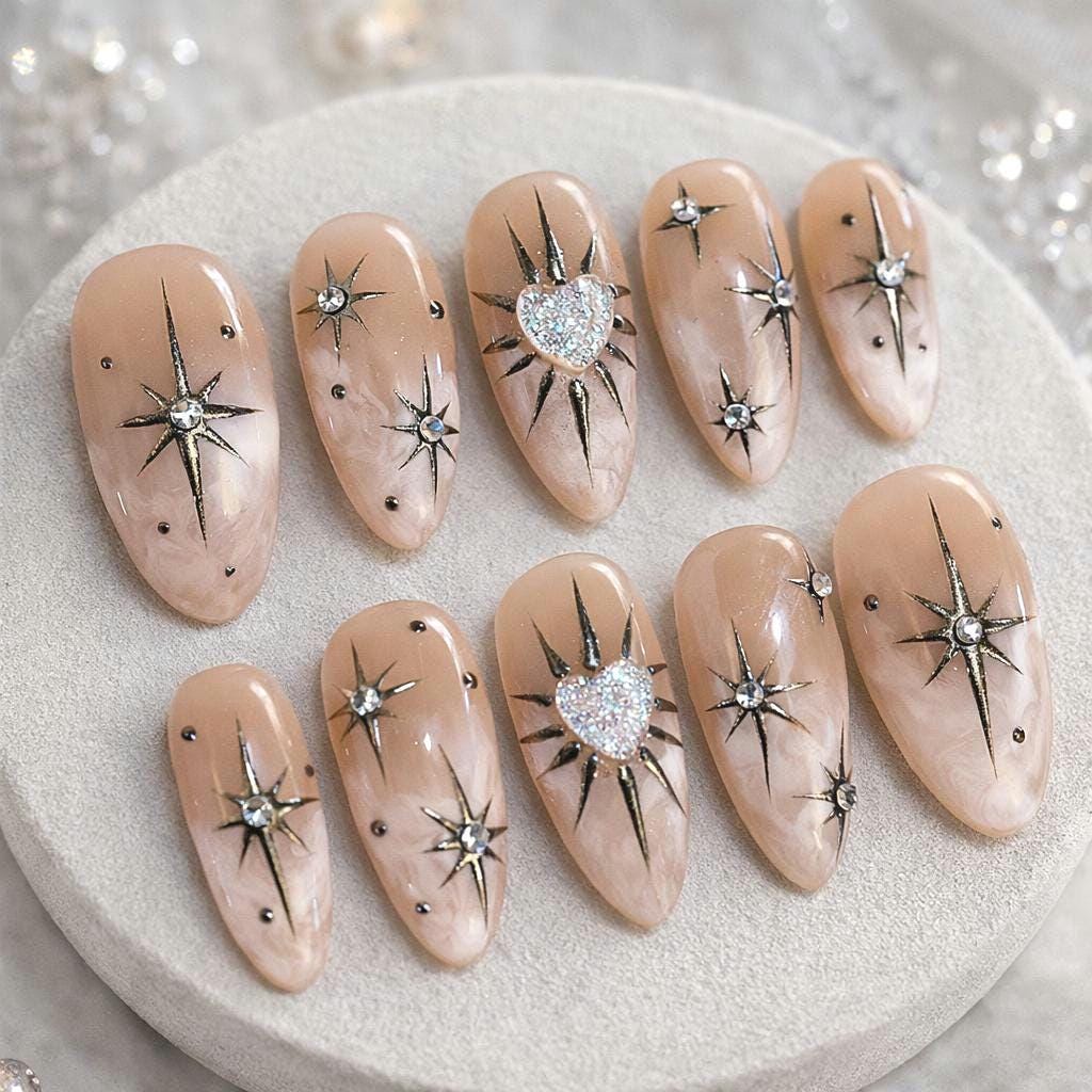 Marble Press On Nails | Rhinestone Starburst, Glitter Heart Nail Art