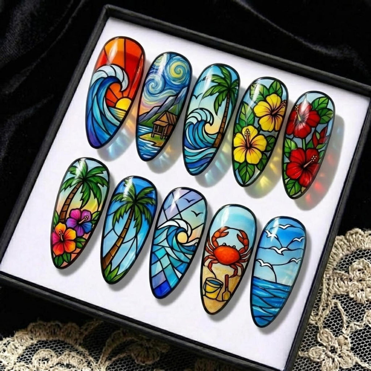 Tropical Beach Press On Nails | Colorful Stained Glass | Handmade Almond Wave & Floral | Summer Vacation Vibe