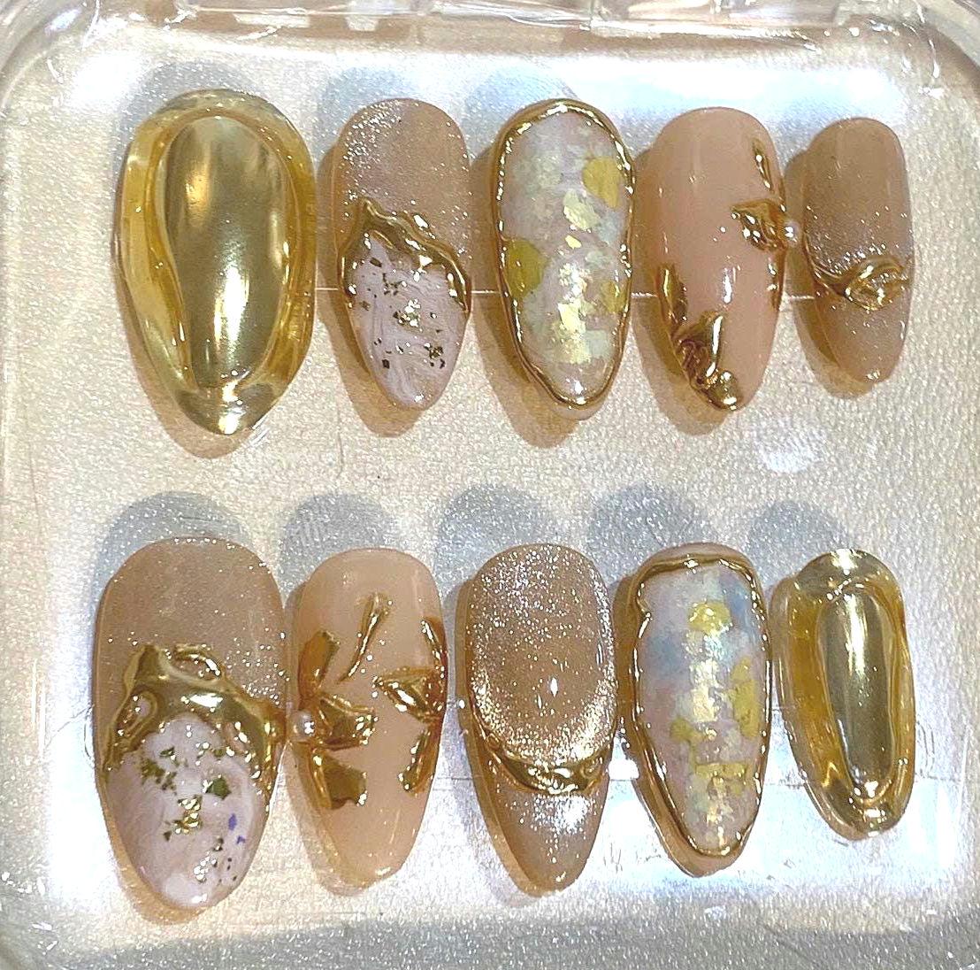 Gold Chrome Marble Press On Nails: Luxury Iridescent Nail Art Set