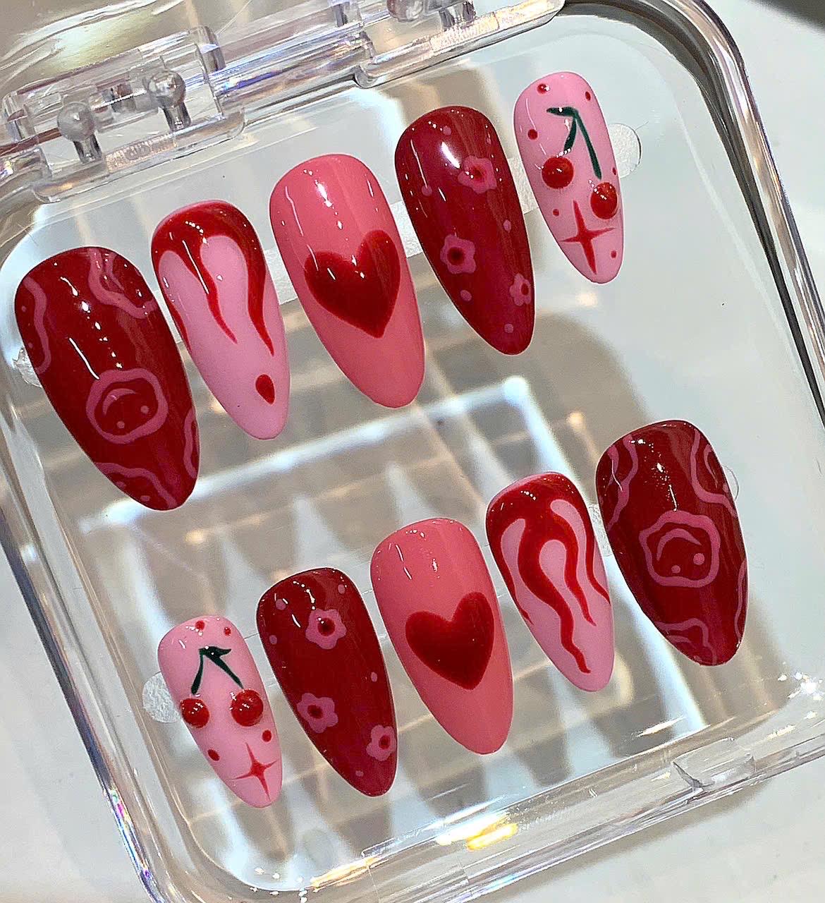 Cherry Heart Press On Nails | Y2K Valentine's Day, Red & Pink