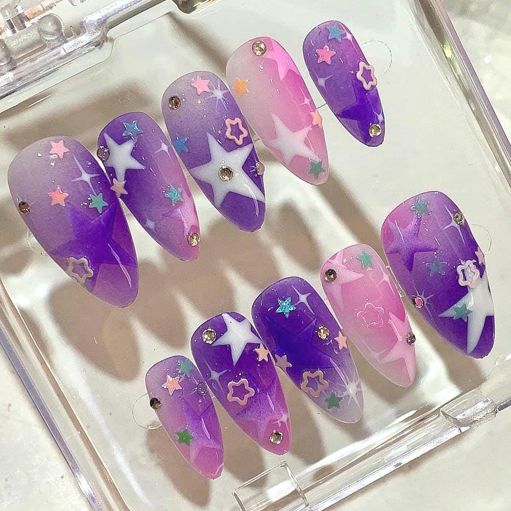Y2K Star Press On Nails: Purple Pink Cosmic Ombre, Celestial Glitter