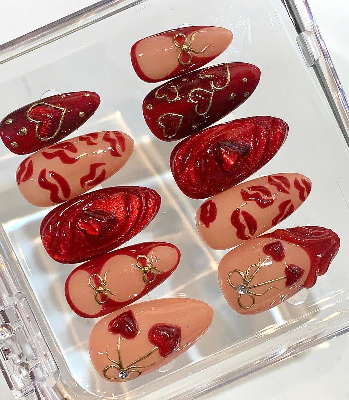 Red Heart Press On Nails | 3D Glitter, Kiss Lip Design