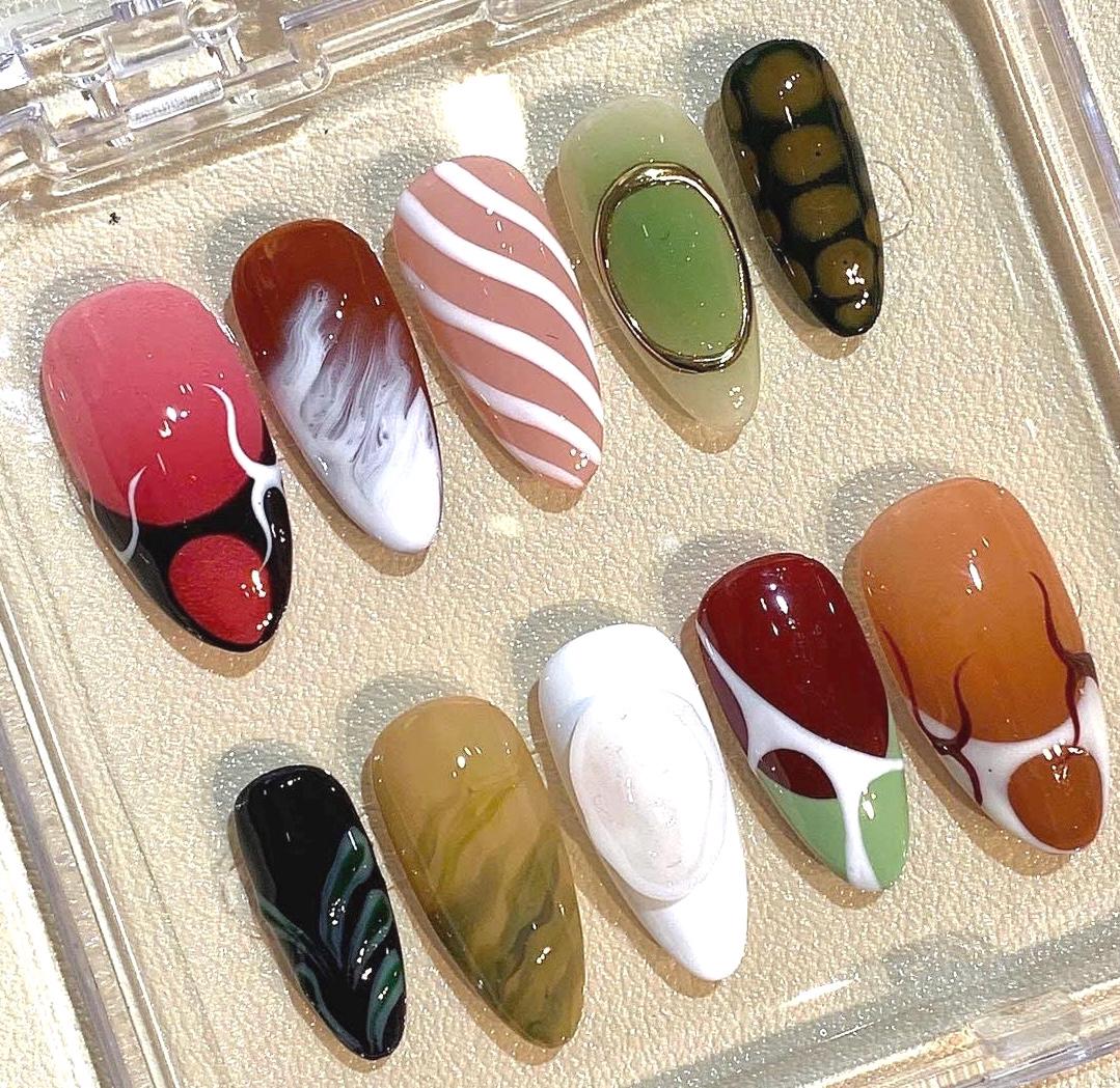 Abstract Press On Nails – Retro Swirl, Marble & Geometric Nail Art – Handmade False Nails