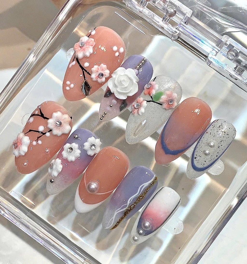 3D Floral Press On Nails | Pink & Purple Spring Manicure