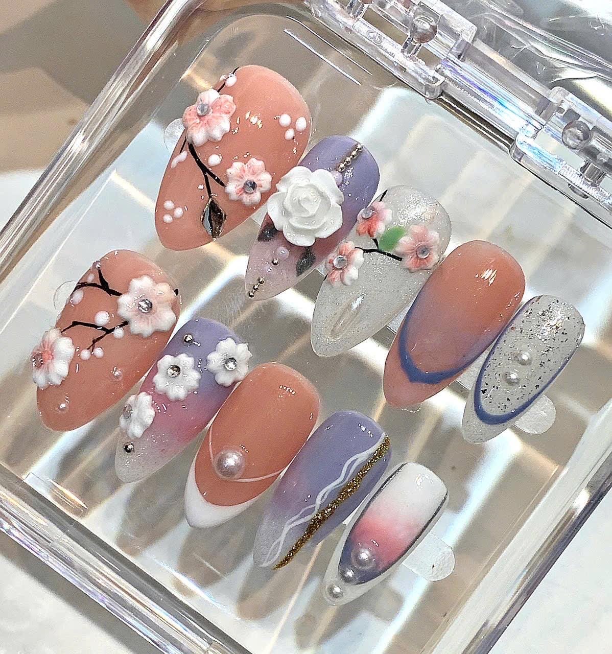 3D Floral Press On Nails | Pink & Purple Spring Manicure