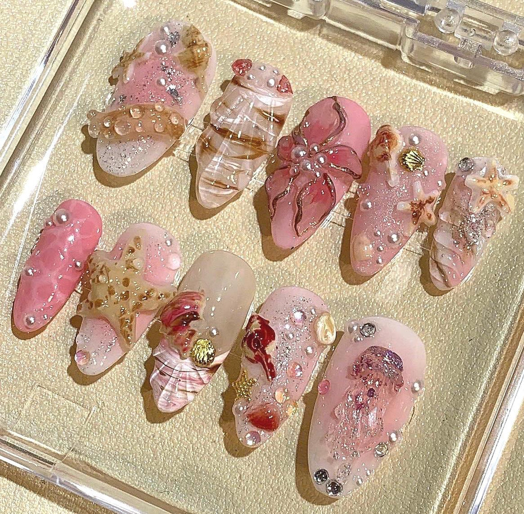 3D Seashell Press On Nails: Pink Beige Mermaid Nail Art