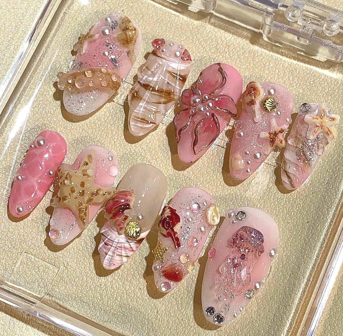 3D Seashell Press On Nails: Pink Beige Mermaid Nail Art