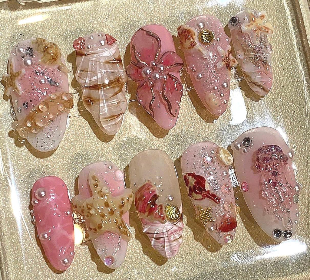 3D Seashell Press On Nails: Pink Beige Mermaid Nail Art