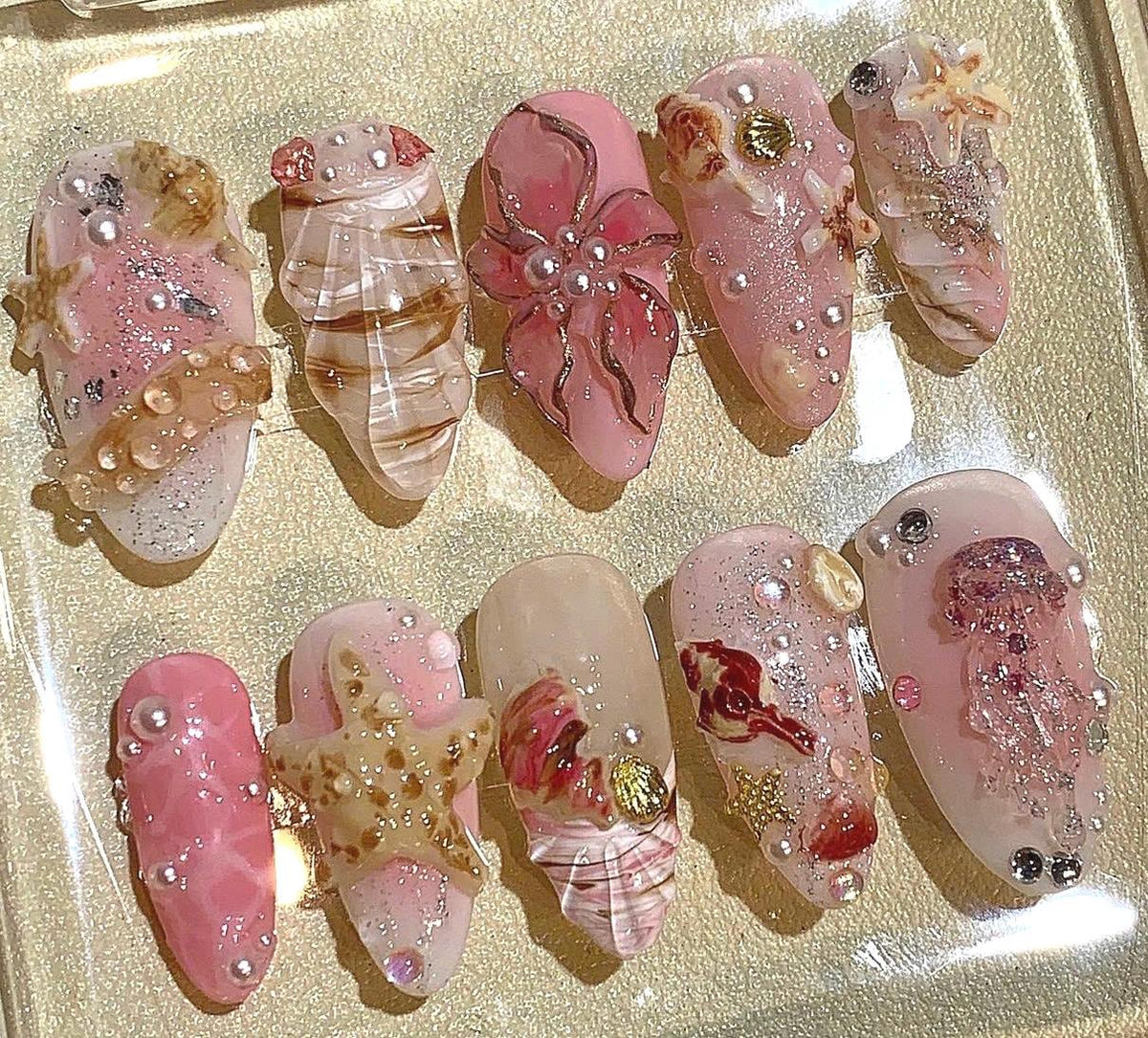 3D Seashell Press On Nails: Pink Beige Mermaid Nail Art