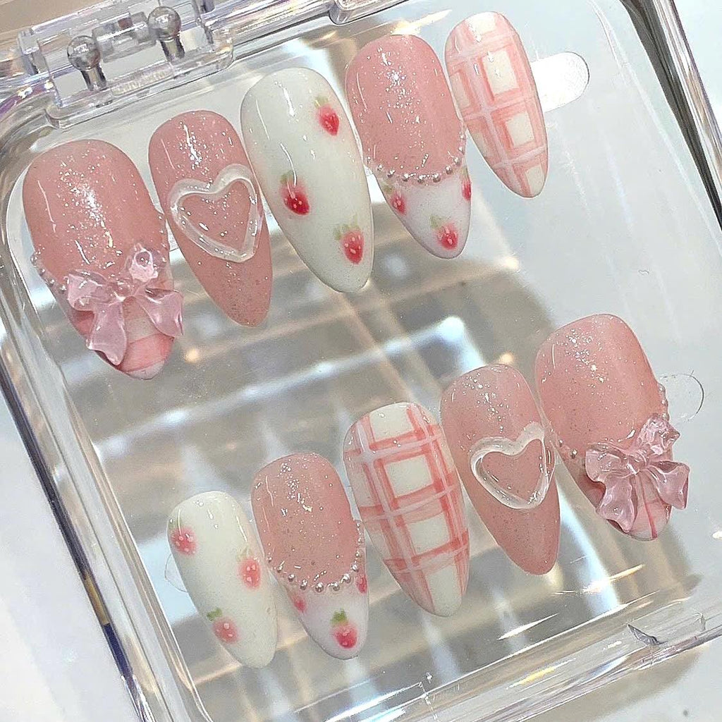 Handmade Pink Strawberry Press On Nails – Bow Heart Coquette Set