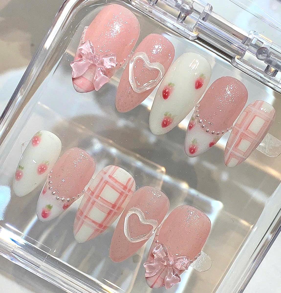 Handmade Pink Strawberry Press On Nails – Bow Heart Coquette Set