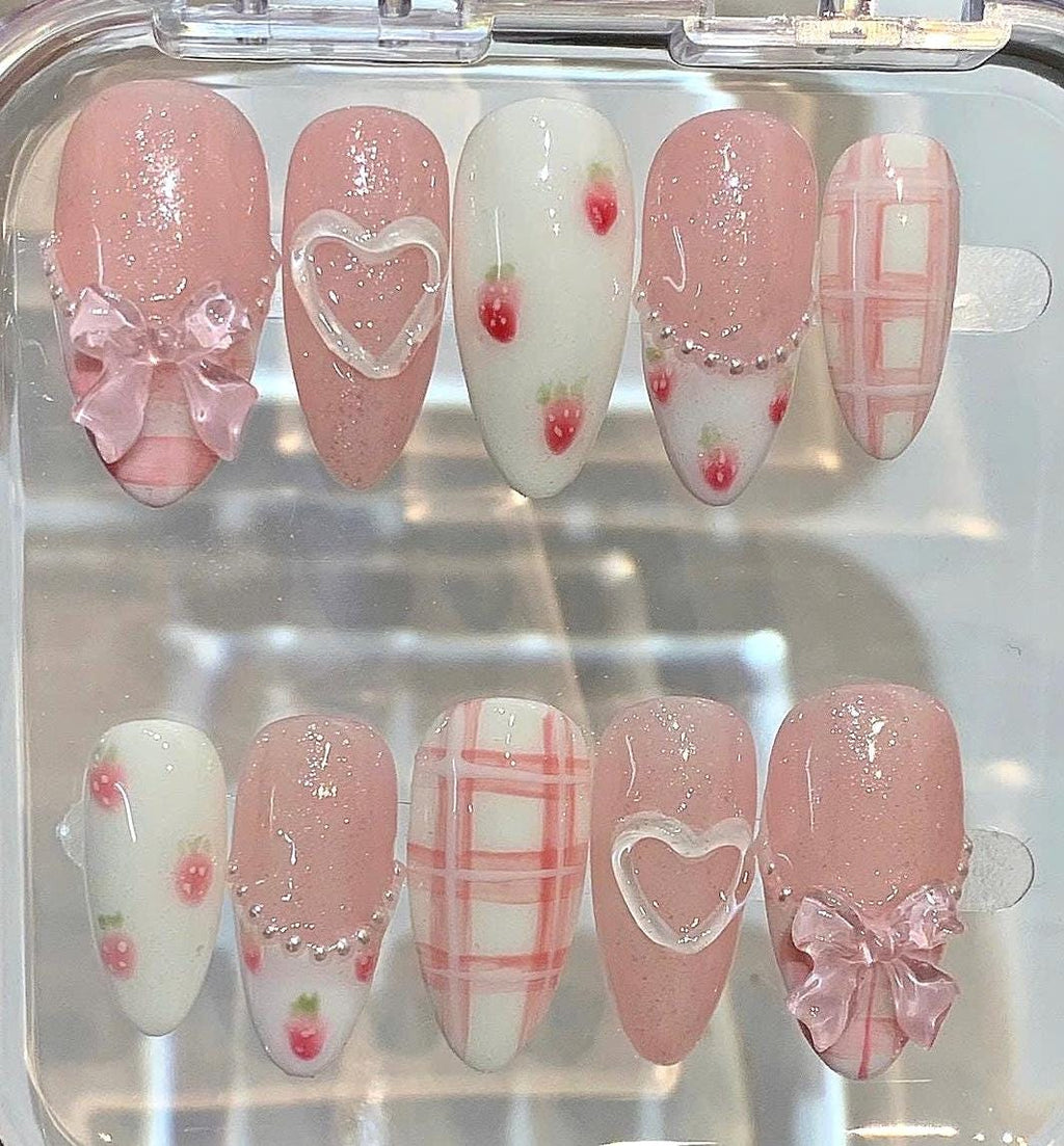 Handmade Pink Strawberry Press On Nails – Bow Heart Coquette Set