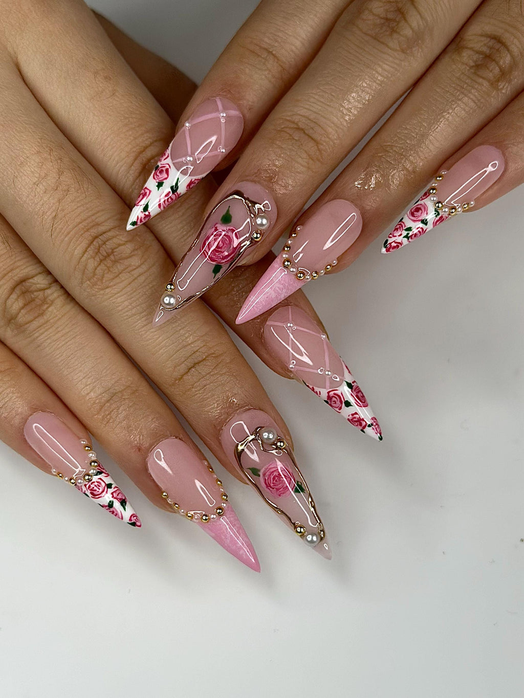 Pink Rose Press On Nails for Bridal | Handmade Rose Flower Nails with Pearls | Elegant Wedding Press Ons | Gold Frame Floral Nails | JB295HC